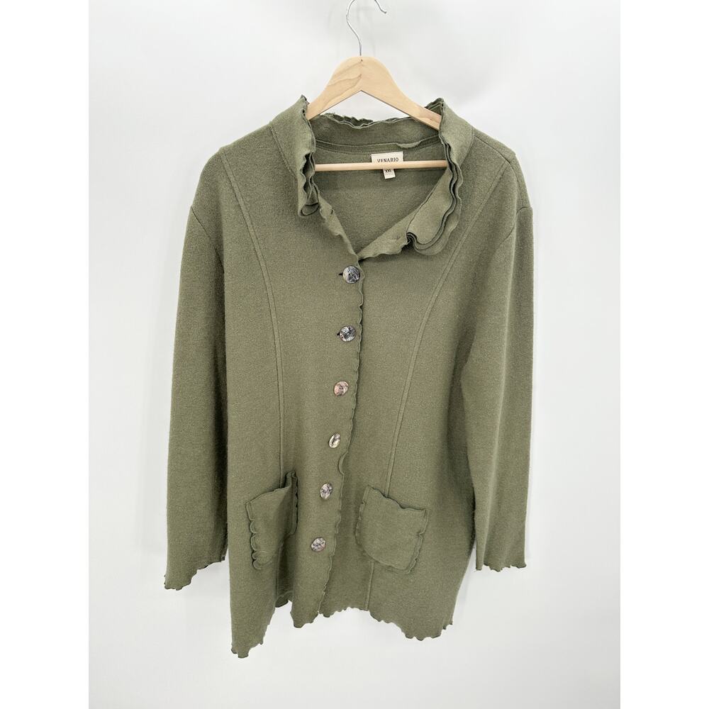 Venario Olive Green Button Front Wool Ruffle Cardigan‎ Sweater Wearable Art XXL